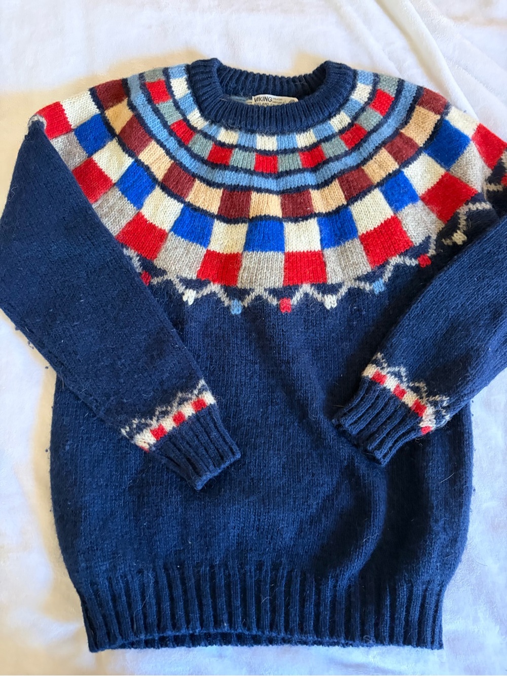 Vintage Viking Navy Fair Isle Wool Sweater with Red & Cream Accents